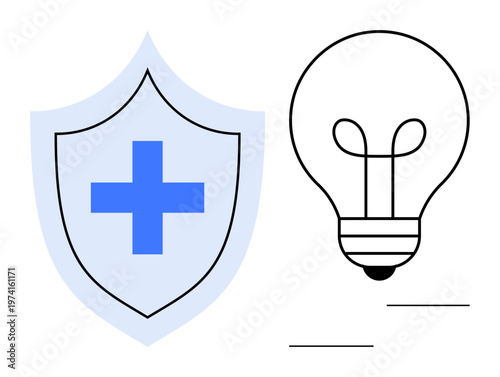 Protection concept. Visual elements of a shield with a cross to signify safety and a lightbulb innovation. Protection paired with ideas and creativity. For healthcare, technology, brand identity, or
