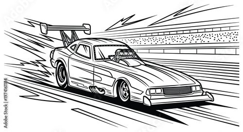 Fast car racing down a track with speed lines a striking silhouette