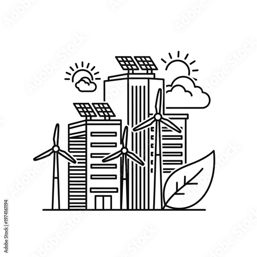 Sustainable city with solar panels.