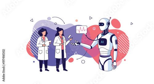 Medical professionals in white coats collaborating with a high-tech AI robot for healthcare innovation in a modern clinical setting.