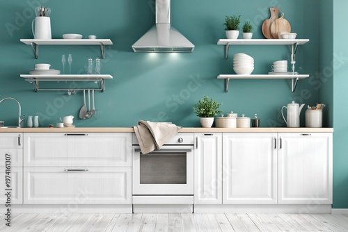 Modern minimalist kitchen interior with teal walls and white cabinets