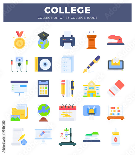 Collection of college icons on a white background with a dark blue header.