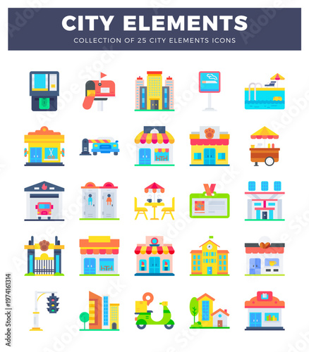 flat design city element icons. Flat vector illustrations of urban infrastructure. buildings. and services. City buildings. icons. urban. infrastructure. vector.