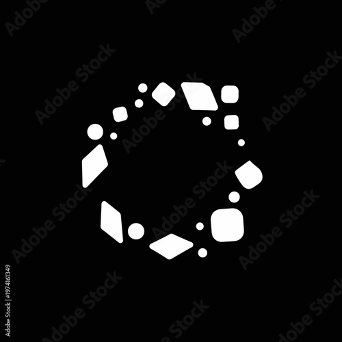 White geometric shapes in circle.