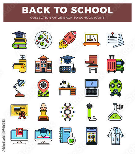 educational icons on a white background. representing learning and school. Icons include books. buildings. science. and technology. suitable for digital content.