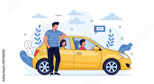 Young friends standing by and sitting inside a small yellow car against a landscape background representing travel and carpooling concept.