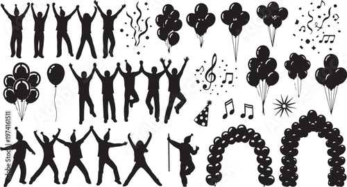 Silhouettes of people celebrating with balloons and music notes