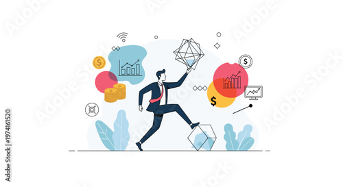 Businessman in a suit running and leaping over geometric obstacles with various financial charts and gold coin icons in the background.