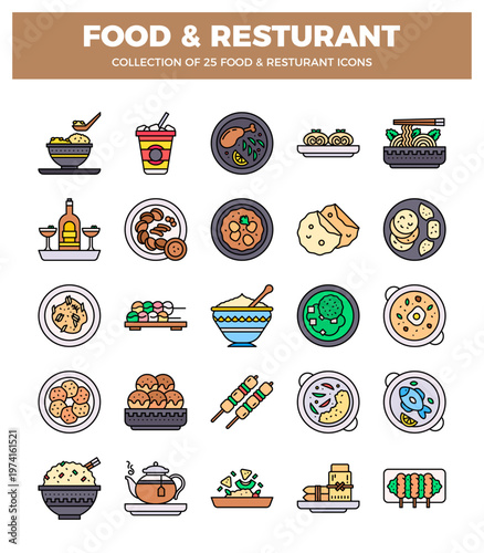flat food and restaurant icons with colorful outlines on white background.