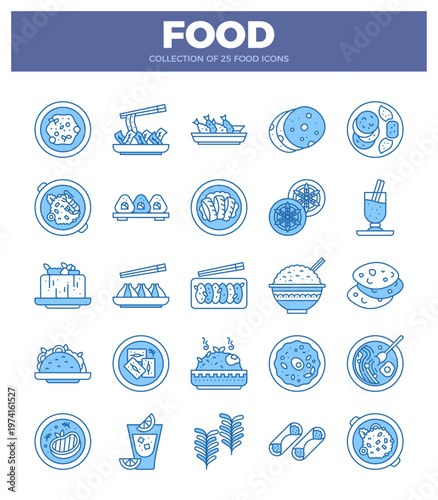 stylized blue food icons on a white background with a navy blue header.