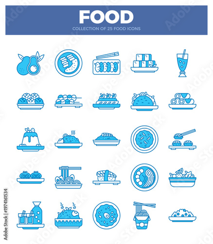 blue line art food icons on a white background. depicting various cuisines and dishes. presented in a grid format for graphic design.