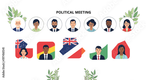 Political meeting concept featuring diverse portraits of government officials and stylized international flags representing global diplomacy.