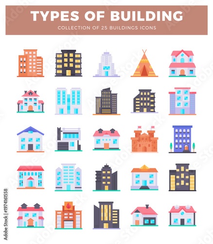 Flat building icons illustration collection showcasing diverse architectural styles.