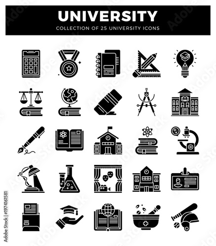 Collection of university icons featuring scientific and academic symbols on a black background. Educational icons for website and app design.