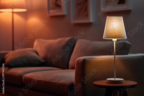 Cozy living room with warm lighting from a table lamp and floor lamp