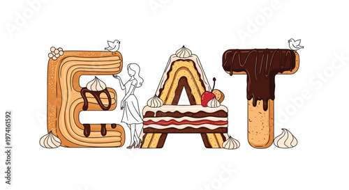 Large decorative typographic EAT sign constructed from delicious pastries, cakes, chocolate, and cream with a small woman standing beside it.