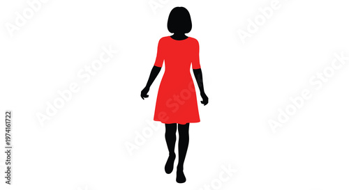 Woman in a red dress facing forward simple black silhouette