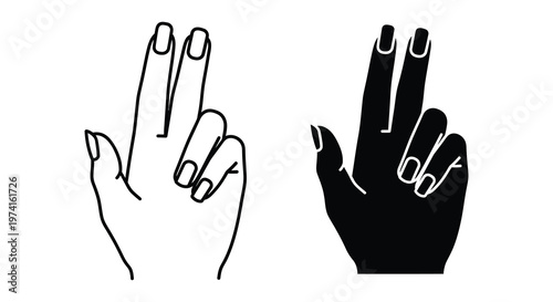 Two hands displaying finger gestures one outlined and one solid silhouette