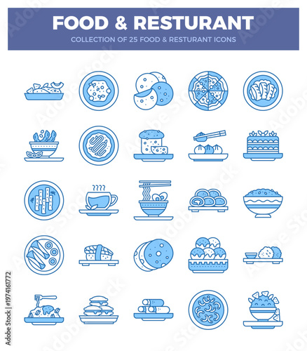 blue and white food and restaurant icons. arranged in a grid on a white background.