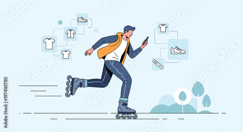 Active man rollerblading quickly while holding a smartphone and surrounded by floating icons of clothes and fashion items for shopping.