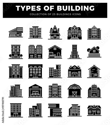 25 building icons in flat design style collection