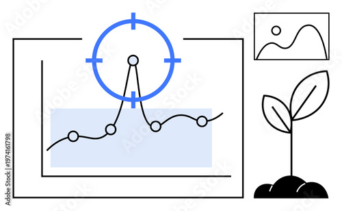 Business strategy, data visualization, growth monitoring, sustainability planning, goal setting, market analysis. Graph with a target and sprouting plant. Growth monitoring and sustainability concept