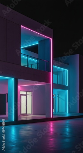 Modern Architectural Design Illuminated with Neon Lights.