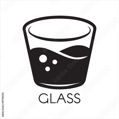 A glass of water or other abstract drink. Black and white icon in flat design. Cookery and bar concept. Vector logo