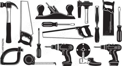 Collection of various hand and power tools for construction