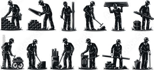 Construction workers performing various tasks on a building site