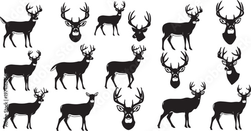 Collection of deer silhouettes in various poses and angles