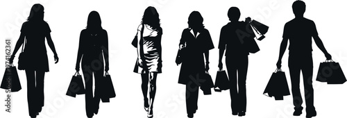 Silhouettes of people walking with shopping bags