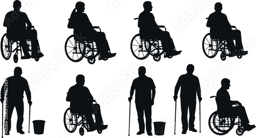 Silhouettes of people with disabilities in various positions and mobility aids