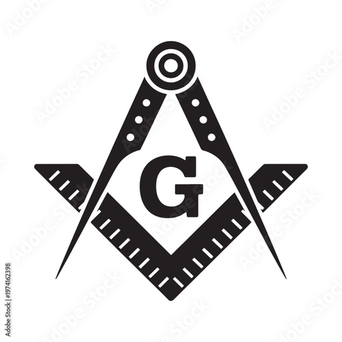 A black and white depiction of a masonic square and compasses with a central g