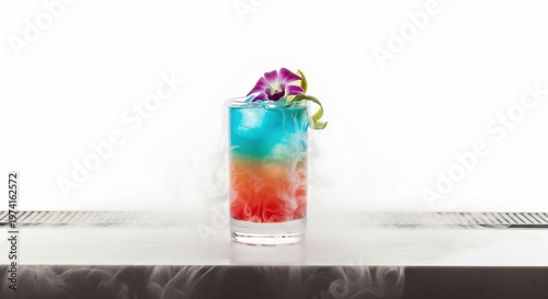 Colorful layered cocktail with flower garnish on white background.
