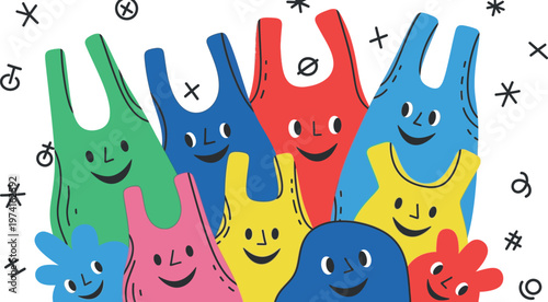 A group of colorful plastic bags with smiling faces
