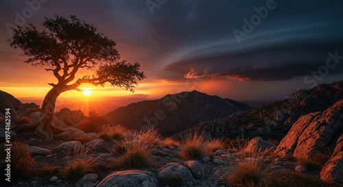 Sunset over the mountains with a lone tree silhouette.