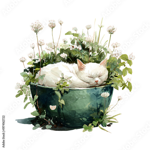 Sweet White Cat Sleeping Curled Inside a Green Planter - Professional Pet Photography