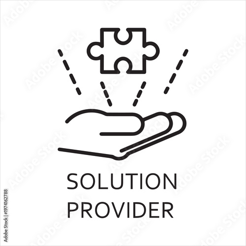 Black flat line vector icon with a picture of solution provider as hand giving puzzle on white background.