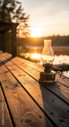 Vintage Oil Lamp on Wooden Deck at Sunset, Peaceful Scene.