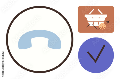 Customer service, e-commerce, financial growth, approval processes, online shopping, connection. A circular phone icon, basket with upward arrow and checkmark. Customer service and e-commerce ion