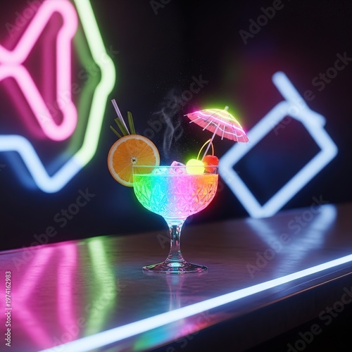 Neon cocktail drink with umbrella and orange slice.