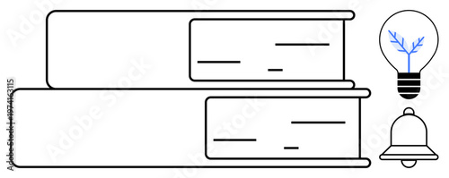 Education, learning, creative ideas, information sharing, innovation, notifications. Two stacked books, a light bulb with a branch and a bell icon. Education and creative ideas concept