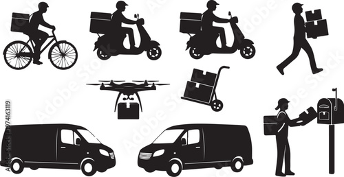 Delivery Services Silhouettes with Various Transportation Methods and Workers