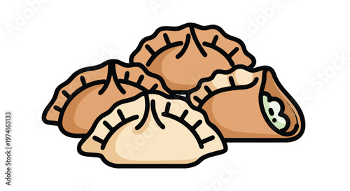 A cluster of savory dumplings. The illustration features four different dumplings in warm tones with contrasting black lines and details