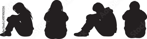 Silhouettes of  sad people sitting with heads in hands against a white background