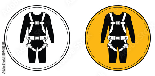 Safety harness mandatory sign icon, PPE requirement symbol, fall arrest system sign, construction and industrial safety icon, warning and compliance design for workplace protection and risk management