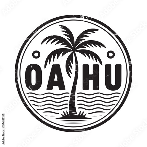 A black and white circular emblem featuring a palm tree and Oahu text