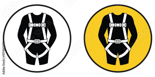 Safety harness mandatory sign icon, workplace safety symbol, fall protection requirement, construction site regulation sign, personal protective equipment icon, industrial safety compliance and hazard