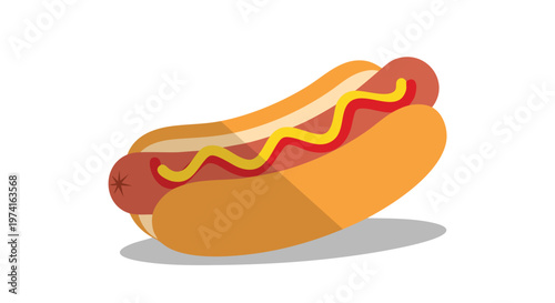 A flat illustration of a hotdog in a bun, adorned with squiggles of yellow mustard and red ketchup on a white background with a shadow